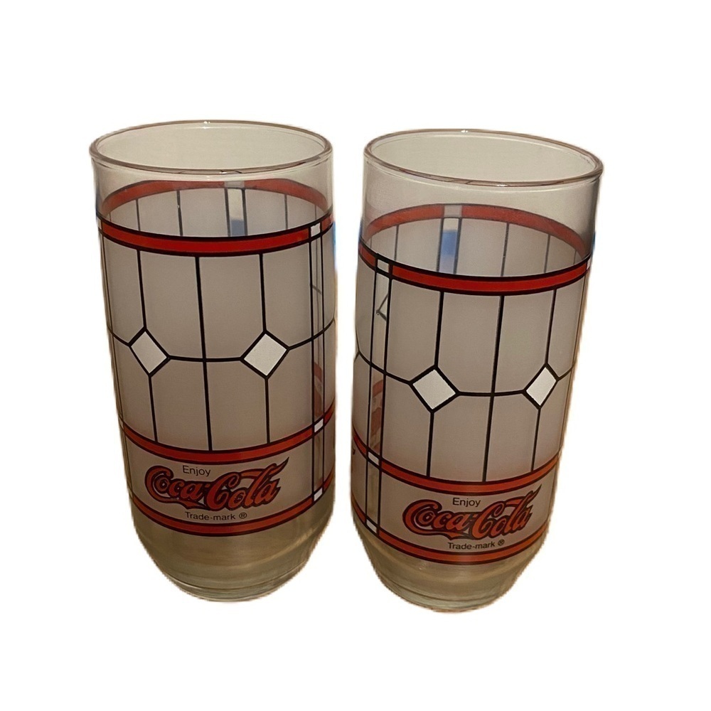 Coca Cola Coke Frosted Stained Glass Drinking Bundle Lot Set Diamond Red Libby